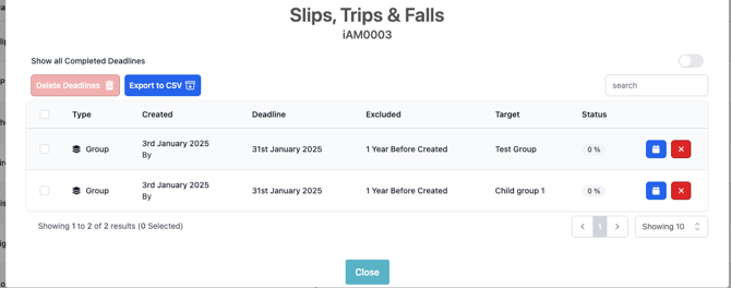 Existing deadlines view